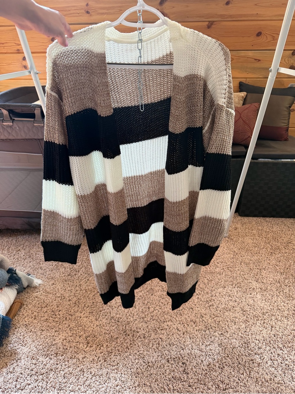 Striped Open-Front Women's Cardigan Sweater - Black, White & Brown